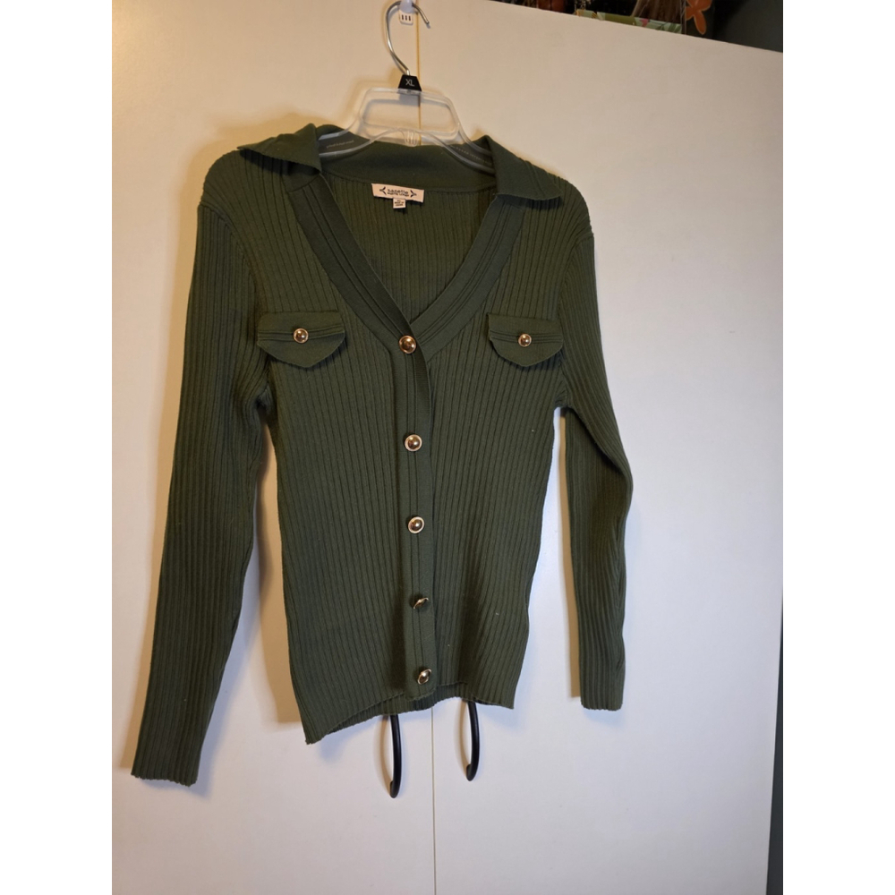 Nanette Lepore Olive Green Ribbed Sweater With Gold Buttons Size XL